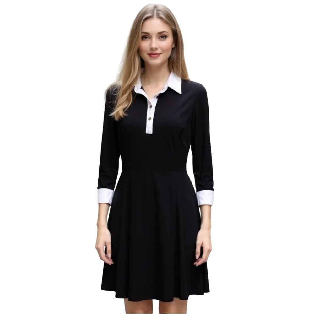 Chaps Fit & Flare Black Dress with White Collar & Gold Buttons Size Large